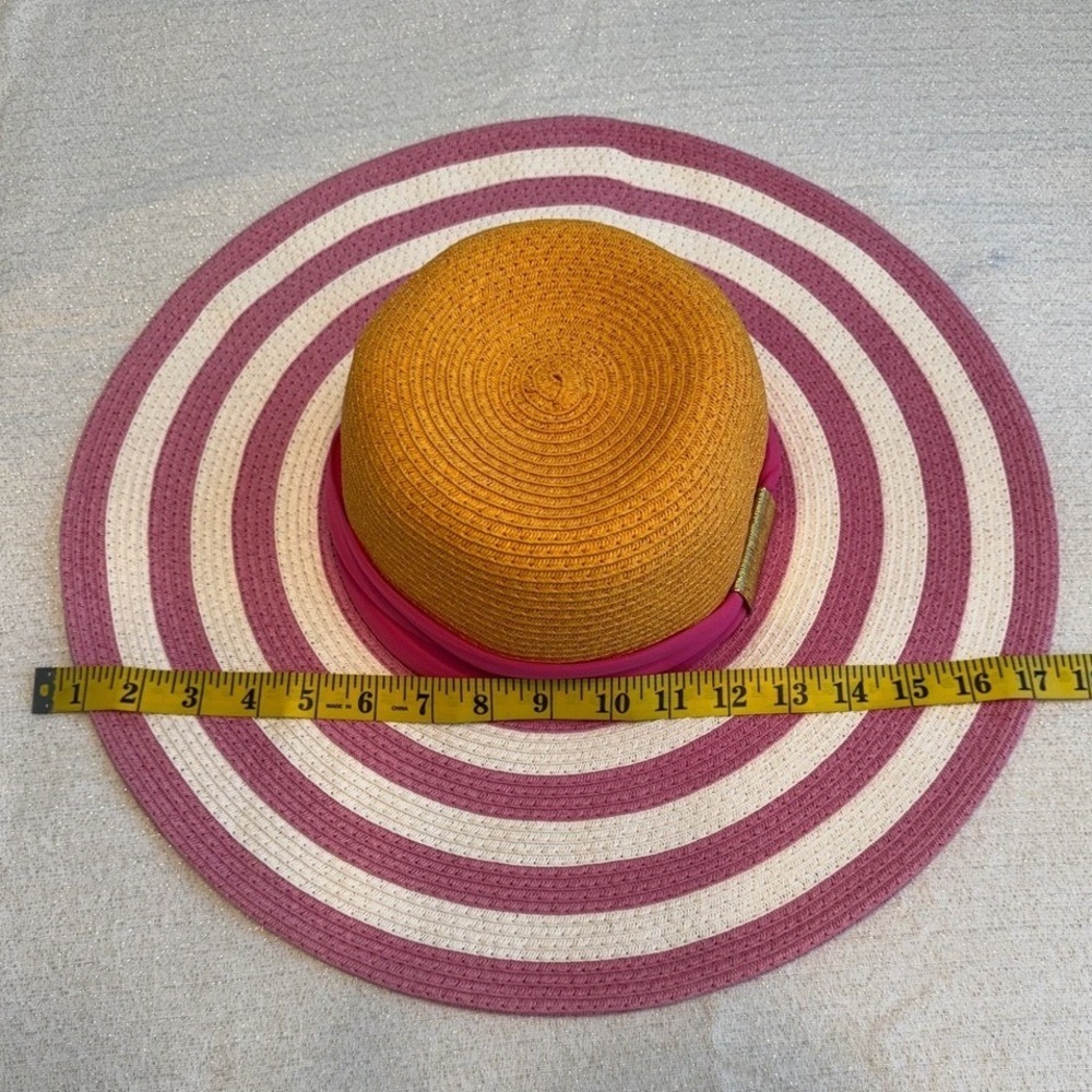 Mud Pie Womens Striped Paper Straw Sun Hat Pink Yellow Wide Brim Gold Detail - Picture 4 of 4